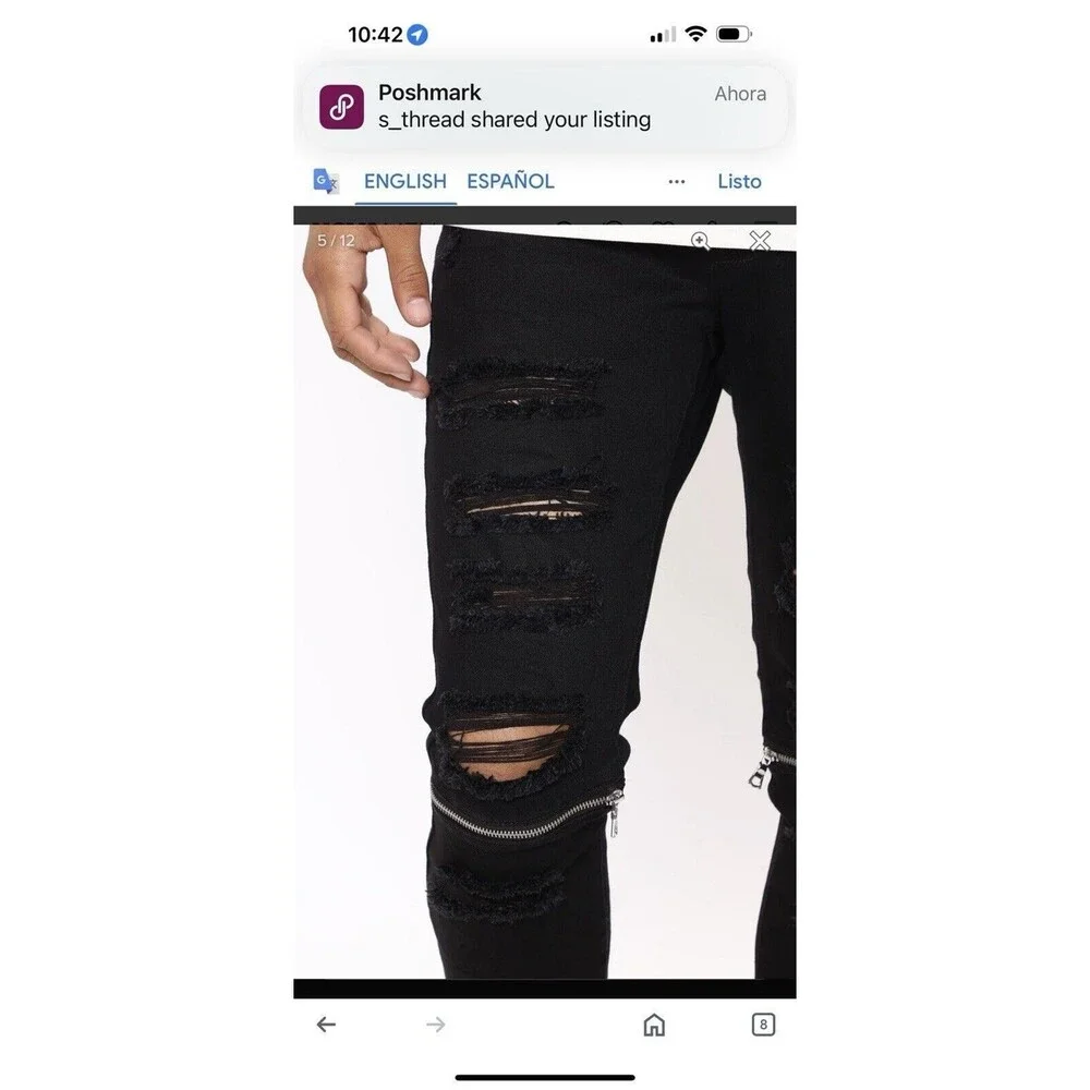 Fashion Nova Men Black Distressed Skinny Jeans Zip Knee Stretch Size 38x31